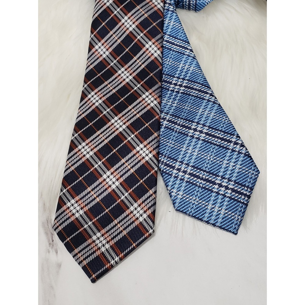 NWT 2 Jos A Bank Traveler 100% Silk Tie Brown Navy Blue Plaid Check Necktie Blue